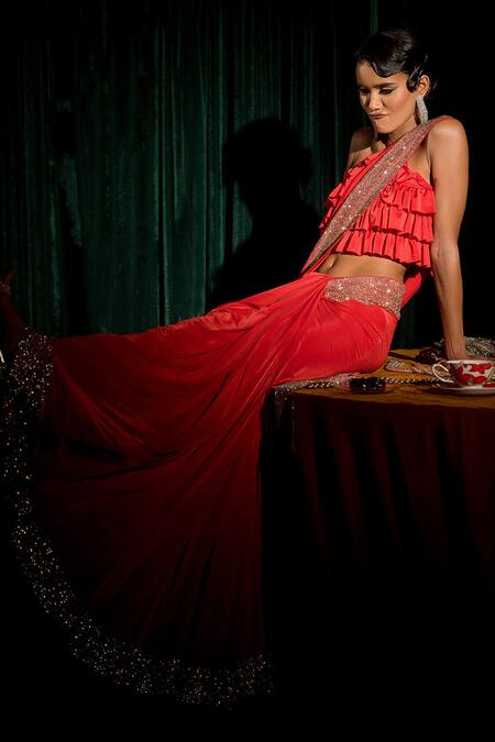 Shop Nimbu Mirchi Red Lycra Crystals Halter Neck Embellished Border Saree With Blouse at Aza Fashions Shop_Nimbu Mirchi_Red Lycra Crystals Halter Neck Embellished Border Saree With Blouse_at_Aza_Fashions