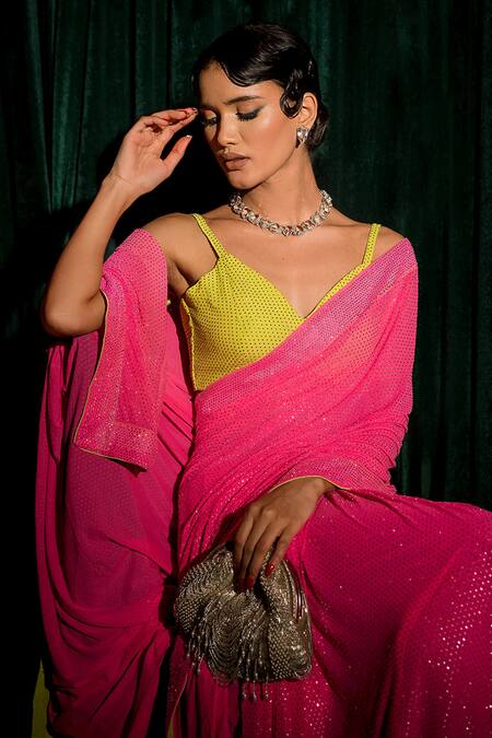 Nimbu Mirchi_Pink Lycra Crystals, Embroidery Embellished Saree With Contrast Blouse_Online_at_Aza_Fashions