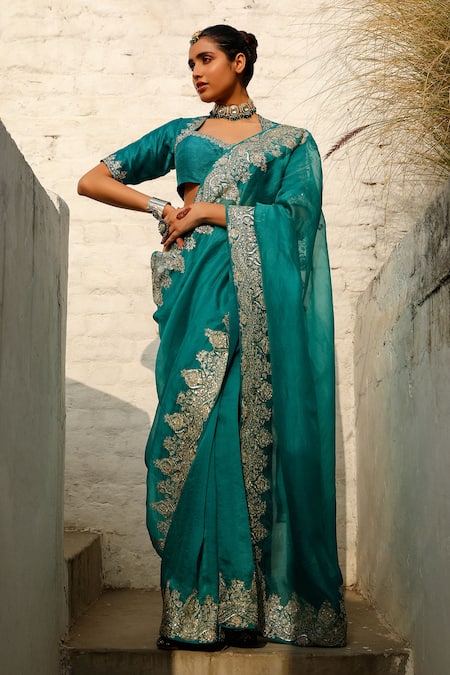 RoohbyRidhimaa Green Organza And Viscose Raw Silk Nawazish Saree With Unstitched Blouse Piece