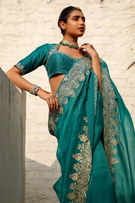 Buy_Roohbyridhimaa_Green Organza, Viscose, Nawazish Embroidered Saree With Unstitched Blouse Piece _Online_at_Aza_Fashions