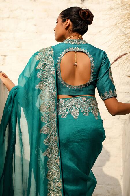 Roohbyridhimaa_Green Organza, Viscose, Nawazish Embroidered Saree With Unstitched Blouse Piece _at_Aza_Fashions