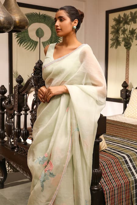 Shop Roohbyridhimaa Green Organza, Viscose, Nazm Floral Blossom Saree With Unstitched Blouse Piece Online at Aza Fashions Shop_Roohbyridhimaa_Green Organza, Viscose, Nazm Floral Blossom Saree With Unstitched Blouse Piece _Online_at_Aza_Fashions