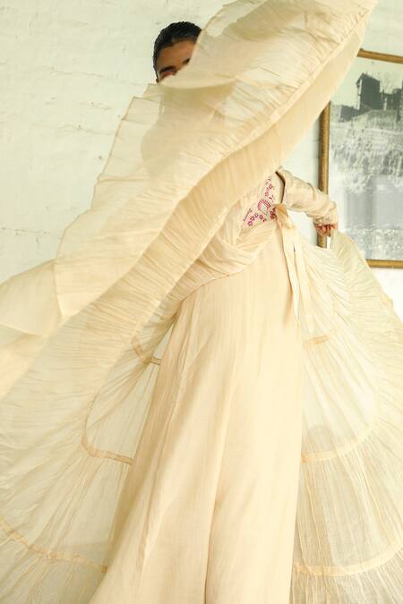 Roohbyridhimaa Beige Organza, Silk Embroidery Round Neck Niram Floral Yoke Jacket Churidar Set Online at Aza Fashions Roohbyridhimaa_Beige Organza, Silk Embroidery Round Neck Niram Floral Yoke Jacket Churidar Set _Online_at_Aza_Fashions