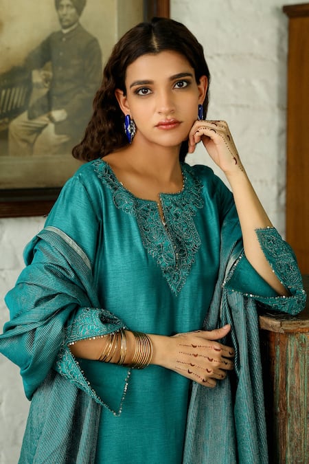 Shop Roohbyridhimaa Blue Viscose, Chanderi Embroidery, Sequins Split Nusrat Yoke Kurta Pant Set at Aza Fashions Shop_Roohbyridhimaa_Blue Viscose, Chanderi Embroidery, Sequins Split Nusrat Yoke Kurta Pant Set _at_Aza_Fashions