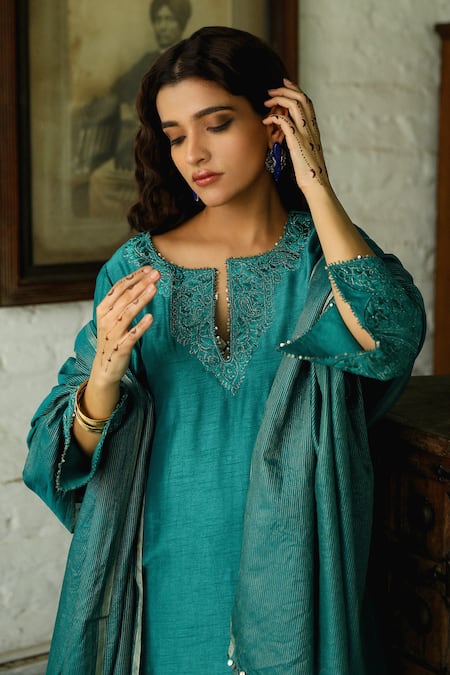 Roohbyridhimaa Blue Viscose, Chanderi Embroidery, Sequins Split Nusrat Yoke Kurta Pant Set Online at Aza Fashions Roohbyridhimaa_Blue Viscose, Chanderi Embroidery, Sequins Split Nusrat Yoke Kurta Pant Set _Online_at_Aza_Fashions