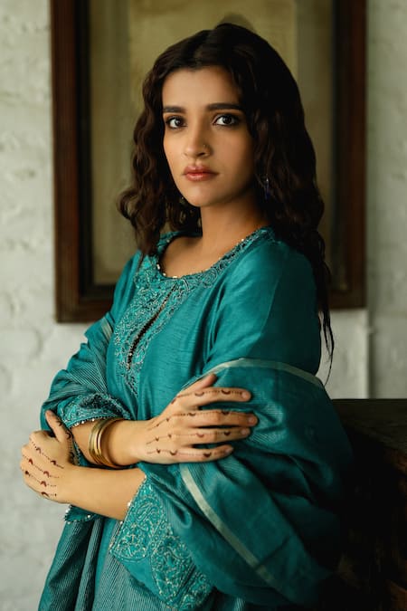 Buy Roohbyridhimaa Blue Viscose, Chanderi Embroidery, Sequins Split Nusrat Yoke Kurta Pant Set Online at Aza Fashions Buy_Roohbyridhimaa_Blue Viscose, Chanderi Embroidery, Sequins Split Nusrat Yoke Kurta Pant Set _Online_at_Aza_Fashions