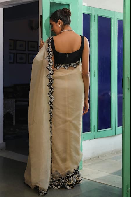 Shop_Roohbyridhimaa_Beige Organza, Viscose, Silk Pasbaan Border Saree With Unstitched Blouse Piece _at_Aza_Fashions