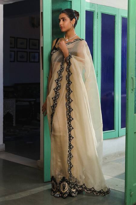 Buy_Roohbyridhimaa_Beige Organza, Viscose, Silk Pasbaan Border Saree With Unstitched Blouse Piece _Online_at_Aza_Fashions