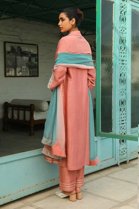 Shop Roohbyridhimaa Pink Viscose, Silk, Organza Embroidery, Sequins Raheen Yoke Kurta Pant Set at Aza Fashions Shop_Roohbyridhimaa_Pink Viscose, Silk, Organza Embroidery, Sequins Raheen Yoke Kurta Pant Set _at_Aza_Fashions