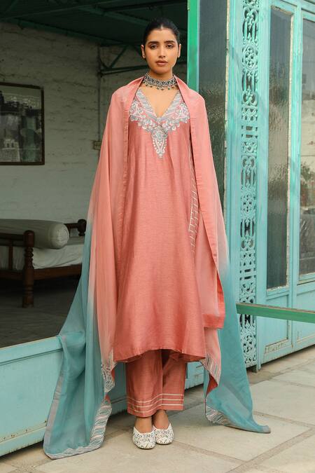 Buy Roohbyridhimaa Pink Viscose, Silk, Organza Embroidery, Sequins Raheen Yoke Kurta Pant Set Online at Aza Fashions Buy_Roohbyridhimaa_Pink Viscose, Silk, Organza Embroidery, Sequins Raheen Yoke Kurta Pant Set _Online_at_Aza_Fashions