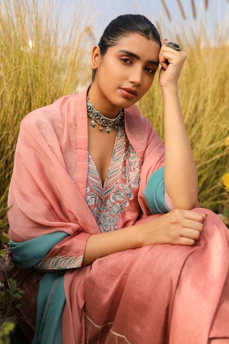 Buy Roohbyridhimaa Pink Viscose, Silk, Organza Embroidery, Sequins Raheen Yoke Kurta Pant Set Buy_Roohbyridhimaa_Pink Viscose, Silk, Organza Embroidery, Sequins Raheen Yoke Kurta Pant Set