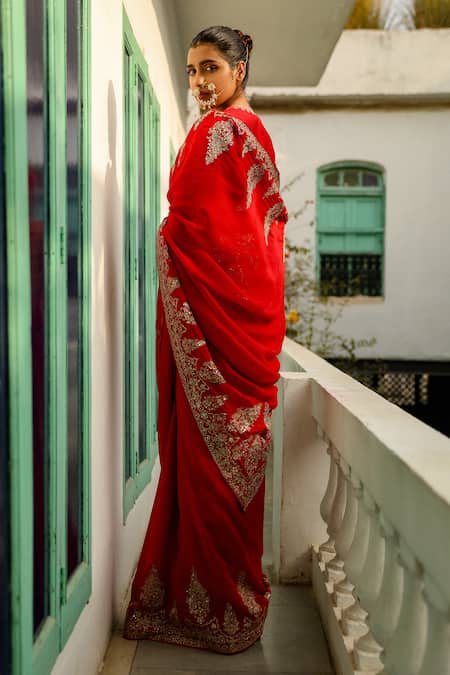 Shop_Roohbyridhimaa_Red Organza, Viscose, Silk Razaa Hand Saree With Unstitched Blouse Piece _at_Aza_Fashions