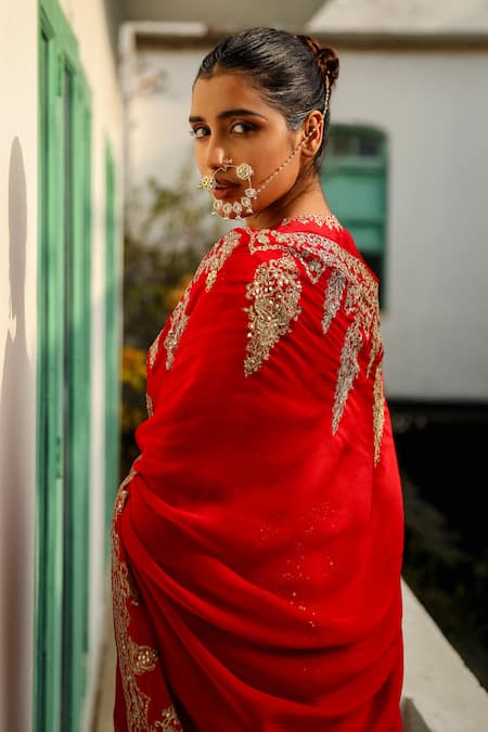 Roohbyridhimaa_Red Organza, Viscose, Silk Razaa Hand Saree With Unstitched Blouse Piece _Online_at_Aza_Fashions