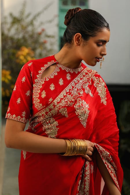 Shop_Roohbyridhimaa_Red Organza, Viscose, Silk Razaa Hand Saree With Unstitched Blouse Piece _Online_at_Aza_Fashions