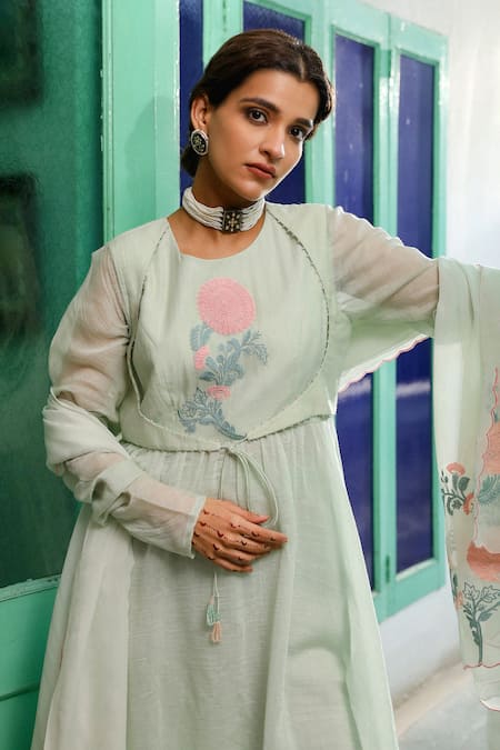 Shop Roohbyridhimaa Green Chanderi, Silk, Organza Riwaaj Mock Jacket Anarkali Churidar Set at Aza Fashions Shop_Roohbyridhimaa_Green Chanderi, Silk, Organza Riwaaj Mock Jacket Anarkali Churidar Set _at_Aza_Fashions