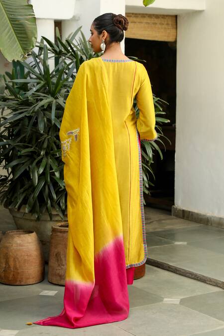 Shop_Roohbyridhimaa_Yellow Silk, Viscose Embroidery Round Neck Rukmani Butti Kurta Pant Set _at_Aza_Fashions