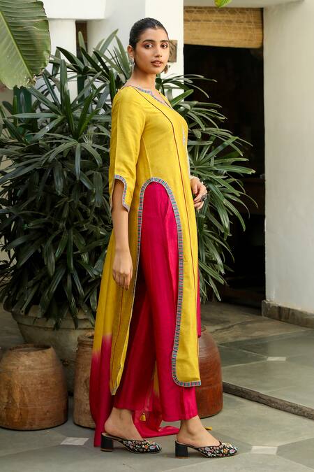 Roohbyridhimaa_Yellow Silk, Viscose Embroidery Round Neck Rukmani Butti Kurta Pant Set _Online_at_Aza_Fashions
