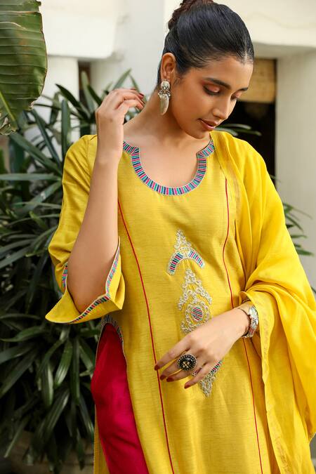 Shop_Roohbyridhimaa_Yellow Silk, Viscose Embroidery Round Neck Rukmani Butti Kurta Pant Set _Online_at_Aza_Fashions