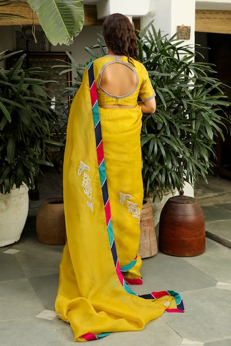 Shop Roohbyridhimaa Yellow Silk Organza, Viscose Rukmani Saree With Unstitched Blouse Piece at Aza Fashions Shop_Roohbyridhimaa_Yellow Silk Organza, Viscose Rukmani Saree With Unstitched Blouse Piece _at_Aza_Fashions