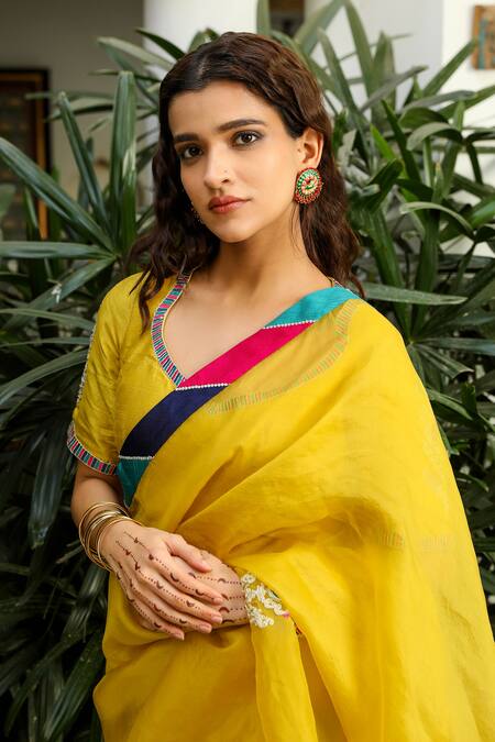 Shop Roohbyridhimaa Yellow Silk Organza, Viscose Rukmani Saree With Unstitched Blouse Piece Online at Aza Fashions Shop_Roohbyridhimaa_Yellow Silk Organza, Viscose Rukmani Saree With Unstitched Blouse Piece _Online_at_Aza_Fashions