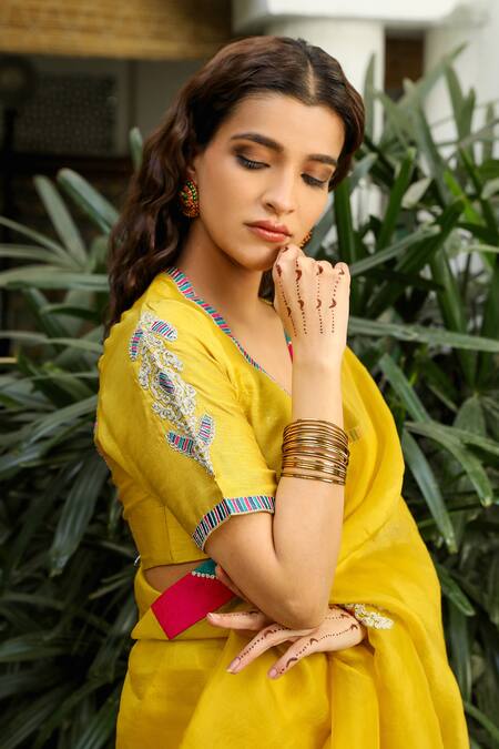 Roohbyridhimaa Yellow Silk Organza, Viscose Rukmani Saree With Unstitched Blouse Piece at Aza Fashions Roohbyridhimaa_Yellow Silk Organza, Viscose Rukmani Saree With Unstitched Blouse Piece _at_Aza_Fashions
