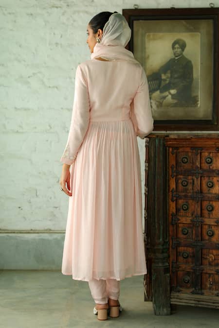 Shop_Roohbyridhimaa_Pink Organza, Silk Embroidery, Pearls V-neck Floral Baby Anarkali Set _at_Aza_Fashions