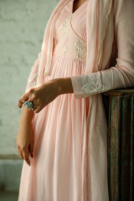 Shop_Roohbyridhimaa_Pink Organza, Silk Embroidery, Pearls V-neck Floral Baby Anarkali Set _Online_at_Aza_Fashions