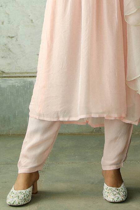 Roohbyridhimaa_Pink Organza, Silk Embroidery, Pearls V-neck Floral Baby Anarkali Set _at_Aza_Fashions