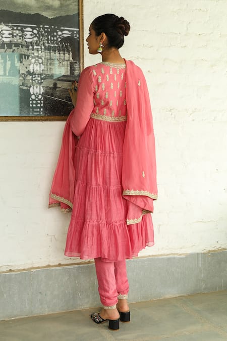 Shop Roohbyridhimaa Pink Silk, Chanderi Zari, Sequins, Embroidery Vardaah Bodice Anarkali Pant Set at Aza Fashions Shop_Roohbyridhimaa_Pink Silk, Chanderi Zari, Sequins, Embroidery Vardaah Bodice Anarkali Pant Set _at_Aza_Fashions
