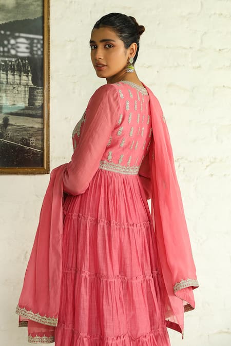 Roohbyridhimaa Pink Silk, Chanderi Zari, Sequins, Embroidery Vardaah Bodice Anarkali Pant Set Online at Aza Fashions Roohbyridhimaa_Pink Silk, Chanderi Zari, Sequins, Embroidery Vardaah Bodice Anarkali Pant Set _Online_at_Aza_Fashions