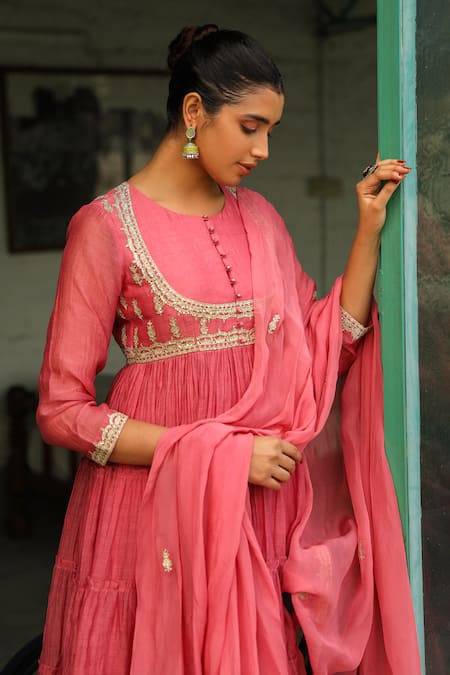 Buy Roohbyridhimaa Pink Silk, Chanderi Zari, Sequins, Embroidery Vardaah Bodice Anarkali Pant Set Online at Aza Fashions Buy_Roohbyridhimaa_Pink Silk, Chanderi Zari, Sequins, Embroidery Vardaah Bodice Anarkali Pant Set _Online_at_Aza_Fashions