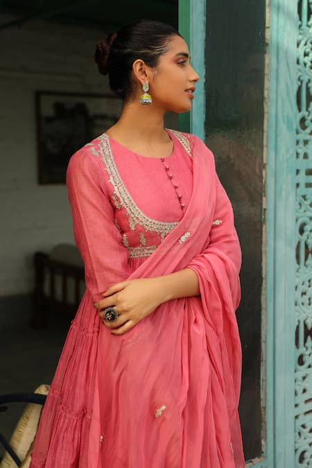 Shop Roohbyridhimaa Pink Silk, Chanderi Zari, Sequins, Embroidery Vardaah Bodice Anarkali Pant Set Online at Aza Fashions Shop_Roohbyridhimaa_Pink Silk, Chanderi Zari, Sequins, Embroidery Vardaah Bodice Anarkali Pant Set _Online_at_Aza_Fashions