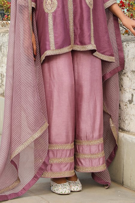 Roohbyridhimaa Purple Viscose, Chanderi Sequins, Zari Zainaa Embroidered Kurta Flared Pant Set Online at Aza Fashions Roohbyridhimaa_Purple Viscose, Chanderi Sequins, Zari Zainaa Embroidered Kurta Flared Pant Set _Online_at_Aza_Fashions