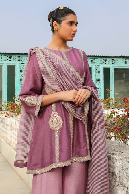 Roohbyridhimaa Purple Viscose, Chanderi Sequins, Zari Zainaa Embroidered Kurta Flared Pant Set at Aza Fashions Roohbyridhimaa_Purple Viscose, Chanderi Sequins, Zari Zainaa Embroidered Kurta Flared Pant Set _at_Aza_Fashions