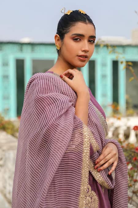 Buy Roohbyridhimaa Purple Viscose, Chanderi Sequins, Zari Zainaa Embroidered Kurta Flared Pant Set Buy_Roohbyridhimaa_Purple Viscose, Chanderi Sequins, Zari Zainaa Embroidered Kurta Flared Pant Set