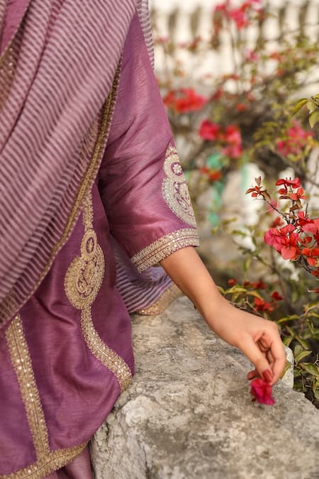 Shop Roohbyridhimaa Purple Viscose, Chanderi Sequins, Zari Zainaa Embroidered Kurta Flared Pant Set Shop_Roohbyridhimaa_Purple Viscose, Chanderi Sequins, Zari Zainaa Embroidered Kurta Flared Pant Set