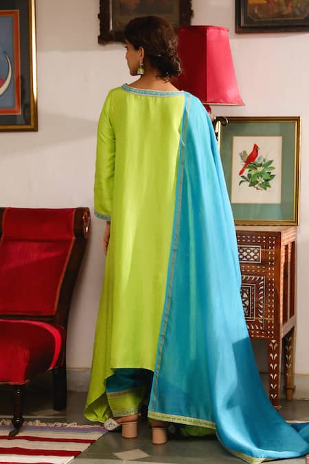 Shop_Roohbyridhimaa_Green Viscose, Silk Embroidery, Zari Round Aarya Asymmetric Kurta Salwar Set _at_Aza_Fashions