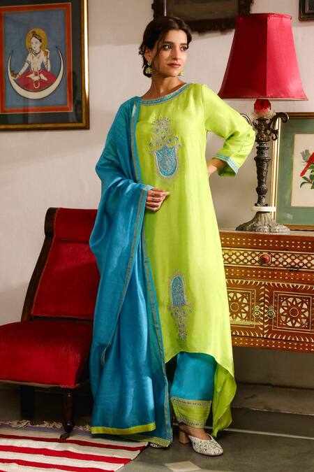 Roohbyridhimaa_Green Viscose, Silk Embroidery, Zari Round Aarya Asymmetric Kurta Salwar Set _Online_at_Aza_Fashions