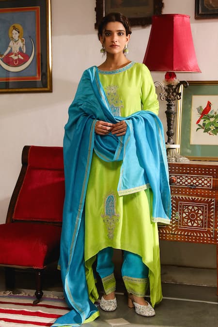 Shop_Roohbyridhimaa_Green Viscose, Silk Embroidery, Zari Round Aarya Asymmetric Kurta Salwar Set _Online_at_Aza_Fashions