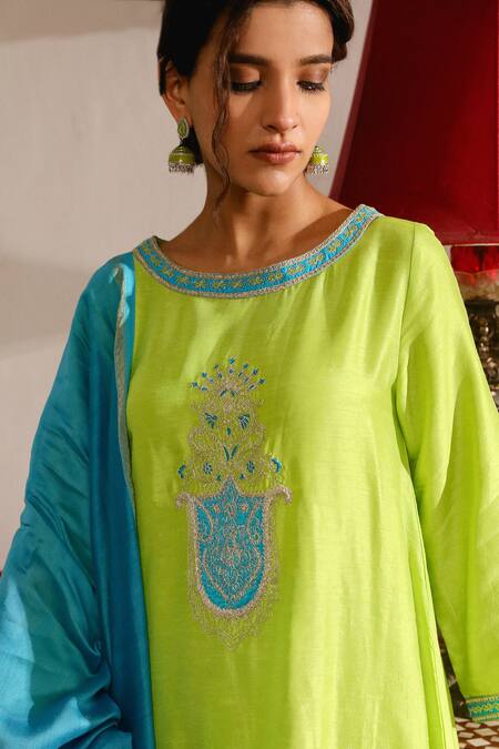 Buy_Roohbyridhimaa_Green Viscose, Silk Embroidery, Zari Round Aarya Asymmetric Kurta Salwar Set 