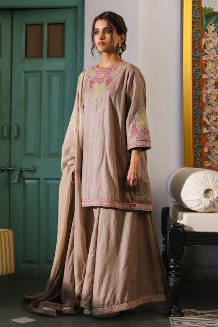Roohbyridhimaa_Brown Organza, Silk, Chanderi Sequins, Ahiliyaa Embroidered Kurta Sharara Set _Online_at_Aza_Fashions