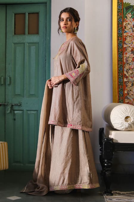 Buy_Roohbyridhimaa_Brown Organza, Silk, Chanderi Sequins, Ahiliyaa Embroidered Kurta Sharara Set _Online_at_Aza_Fashions
