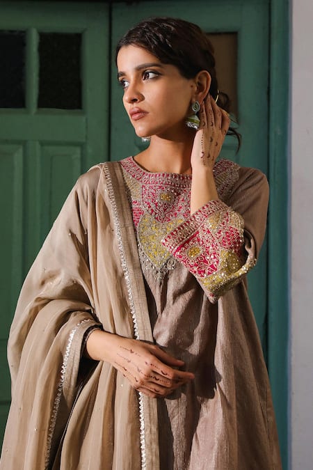 Shop_Roohbyridhimaa_Brown Organza, Silk, Chanderi Sequins, Ahiliyaa Embroidered Kurta Sharara Set _Online_at_Aza_Fashions