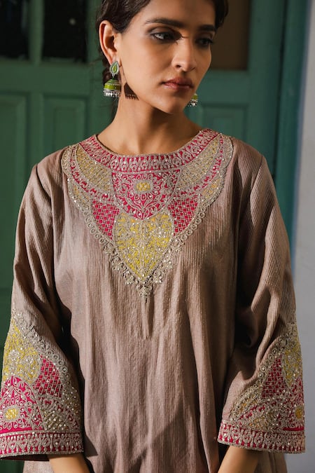 Roohbyridhimaa_Brown Organza, Silk, Chanderi Sequins, Ahiliyaa Embroidered Kurta Sharara Set _at_Aza_Fashions