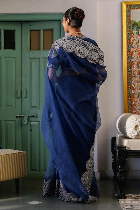Shop_Roohbyridhimaa_Blue Organza, Viscose Zari, Sequins, Anadh Saree With Unstitched Blouse Piece _at_Aza_Fashions