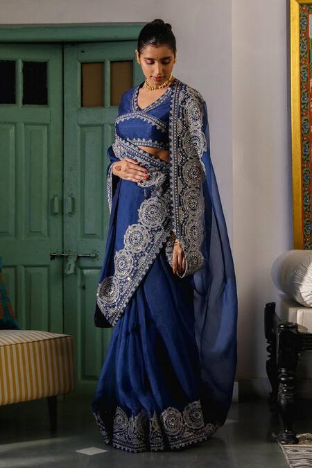 Roohbyridhimaa_Blue Organza, Viscose Zari, Sequins, Anadh Saree With Unstitched Blouse Piece _Online_at_Aza_Fashions