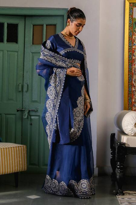 Buy_Roohbyridhimaa_Blue Organza, Viscose Zari, Sequins, Anadh Saree With Unstitched Blouse Piece _Online_at_Aza_Fashions