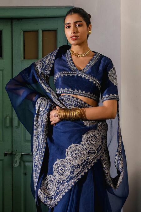 Shop_Roohbyridhimaa_Blue Organza, Viscose Zari, Sequins, Anadh Saree With Unstitched Blouse Piece _Online_at_Aza_Fashions
