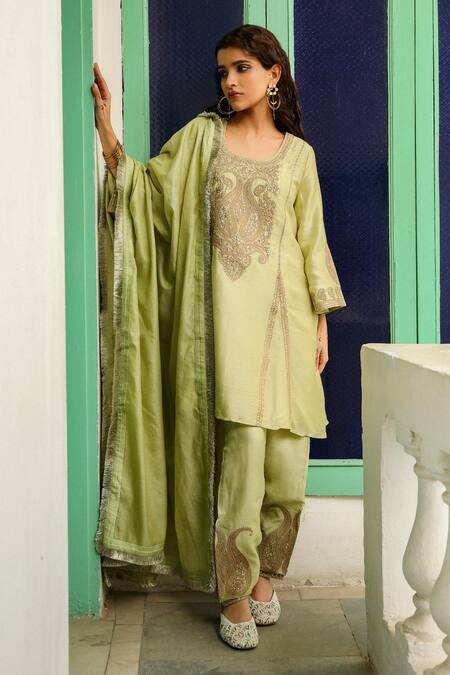 Roohbyridhimaa Green Silk, Chanderi, Viscose Sequins, Zari, Khizaan Paisley Kurta Salwar Set Online at Aza Fashions Roohbyridhimaa_Green Silk, Chanderi, Viscose Sequins, Zari, Khizaan Paisley Kurta Salwar Set _Online_at_Aza_Fashions