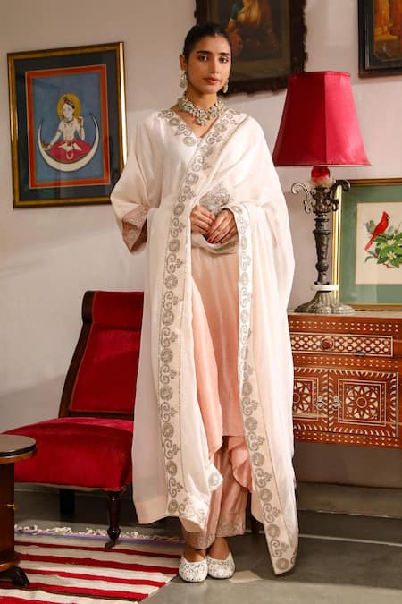 Roohbyridhimaa_Pink Organza, Viscose, Silk Sequins, Zari V-neck Ombre Asymmetric Kurta Pant Set _Online_at_Aza_Fashions